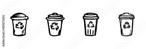 Recycling Bin Icons In Hand Drawn Style Set. Waste Management, Environmental Conservation, Eco-Friendly Practices Doodle Sketch Collection. Sustainability Promotion. Isolated Vector Illustration