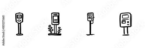 Parking Meter Icons In Hand Drawn Style Set. Urban Payment, Time Management, Public Space Usage Doodle Sketch Collection. Transportation And City Planning. Isolated Vector Illustration