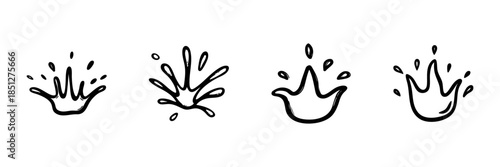 Water Splash Icons In Hand Drawn Style Set. Fluid Dynamics, Liquid Motion, And Splash Effects Doodle Sketch Collection. Artistic Expression. Isolated Vector Illustration