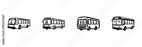 Bus Illustrations In Hand Drawn Style Set. Public Transportation, Urban Commuting, City Transit Doodle Sketch Collection. Vehicle Design Variations. Isolated Vector Illustration