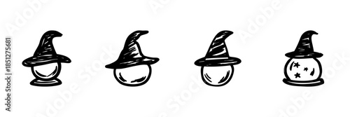 Crystal Balls With Witch Hats In Hand Drawn Style Set. Mystical Fortune Telling, Magic, And Wizardry Doodle Sketch Collection. Halloween Theme. Isolated Vector Illustration