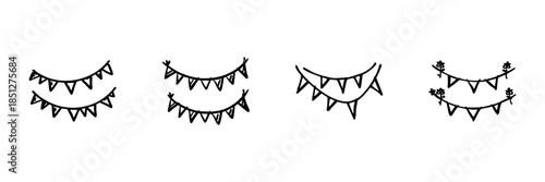 Bunting Flags In Hand Drawn Style Set. Festive Decoration, Celebration, Party Banner Doodle Sketch Collection. Event And Holiday Decor. Isolated Vector Illustration