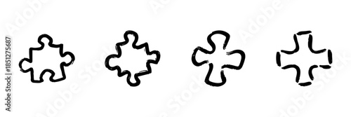 Puzzle Piece Icons In Hand Drawn Style Set. Problem Solving, Teamwork, And Creativity Doodle Sketch Collection. Conceptual Design Elements. Isolated Vector Illustration