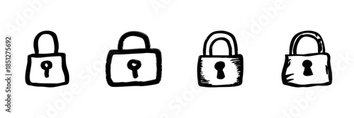 Padlock Icons In Hand Drawn Style Set. Security, Privacy, Data Protection Doodle Sketch Collection. Cybersecurity And Access Control. Isolated Vector Illustration