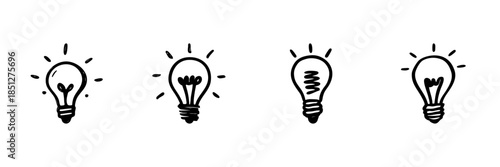 Light Bulb Icons In Hand Drawn Style Set. Innovation, Creativity, New Ideas Doodle Sketch Collection. Conceptual Thinking And Inspiration. Isolated Vector Illustration