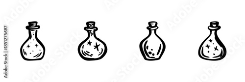 Potion Bottles In Hand Drawn Style Set. Magical Elixirs, Alchemy, Fantasy Elements Doodle Sketch Collection. Whimsical And Mystical Design. Isolated Vector Illustration