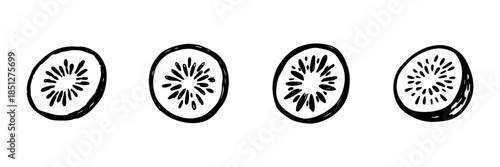 Kiwi Fruit Slices In Hand Drawn Style Set. Freshness, Nutrition, Vitamin C Source Doodle Sketch Collection. Healthy Eating And Tropical Fruit Illustration. Isolated Vector Illustration