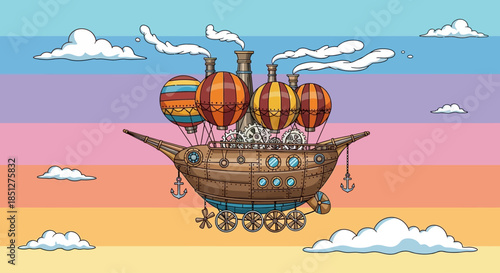 Vintage airship soaring through colorful sky with hot air balloons