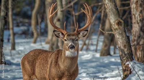 Male Deer With Antlers Standing Proudly In Frozen Winter Forest With Natural Light