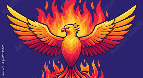 Vibrant phoenix bird rising from fiery flames with outstretched wings
