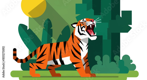 Vibrant tiger roaring in lush green jungle with sunny background