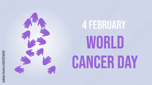 Banner for Cancer Day with handprints of different people forming a purple ribbon