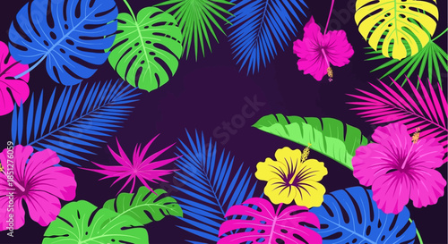 Vibrant tropical leaves and flowers on dark background for summer designs