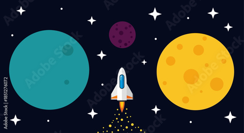 Vibrant rocket blasting off into colorful galaxy with planets and stars