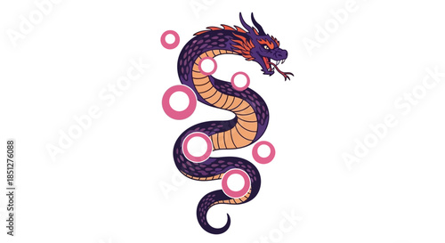 Vibrant dragon illustration with pink bubbles on white background