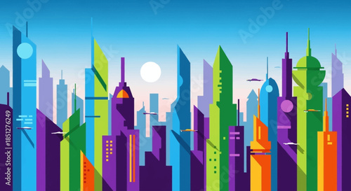 Vibrant futuristic cityscape with sleek skyscrapers and flying cars
