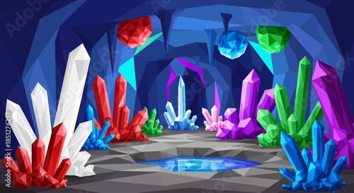 Vibrant crystal cave with colorful gemstones and sparkling pool