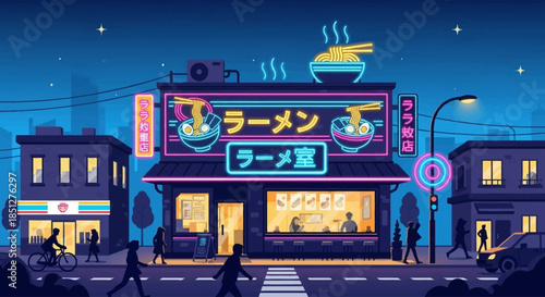 Vibrant ramen restaurant at night with neon signs and bustling street