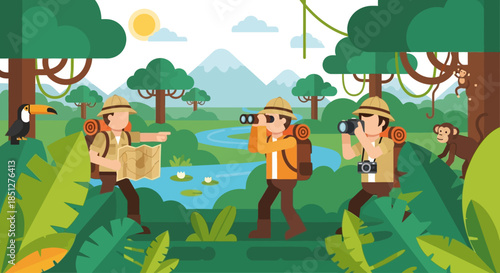 Three adventurous explorers trekking through vibrant jungle with map and binoculars