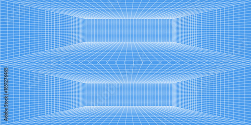 3d wireframe grid room. 3d perspective laser grid 16 9.. Cyberspace blue background with white mesh. Futuristic digital hallway space in virtual reality. Vector illustration.