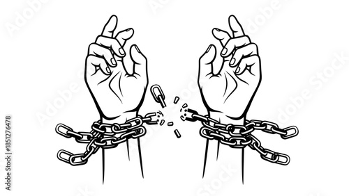 Black and white illustration of hands breaking free from chains, symbolizing freedom and liberation.