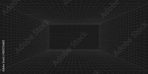 Room projection grid in futuristic 3d style. Outline futuristic grid background, room projection. Wireframe grid template in perspective view