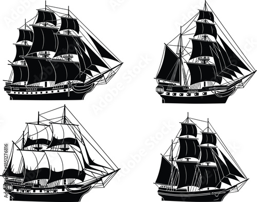 Vintage sailing ship silhouette set, nautical vector illustration, black maritime vessel designs, historical sailboat rigging, ocean travel, sea transport