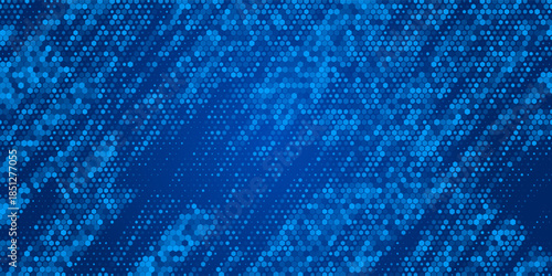 Blue glowing hexagon texture. Abstract neon hexagonal grid wallpaper. Navy honeycomb pattern backdrop. Vector modern technology, business, science, healthcare, medicine, presentation design background