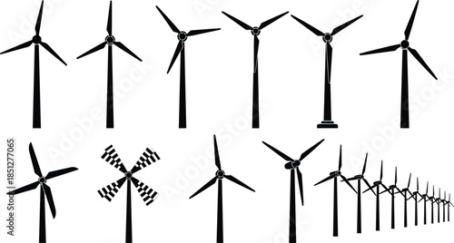 Wind turbine silhouette set showing renewable energy generators, modern windmills and wind farm elements isolated on white background