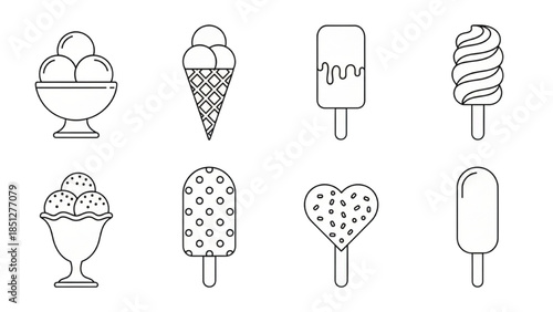 Set of cute ice cream line icons. Vector outline illustration of summer desserts, popsicles, cones, and sundaes for coloring book or menu design.