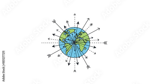 Global network connectivity with arrows pointing outwards from the Earth, illustrating worldwide communication and expansion.