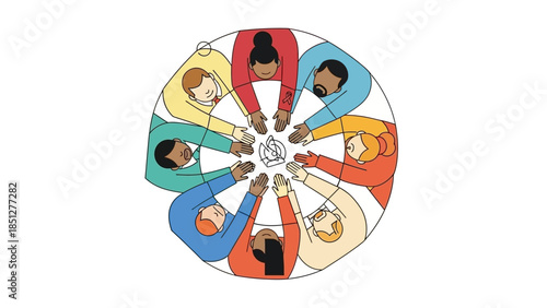 Diverse group of people forming a circle, symbolizing unity, collaboration, and community spirit.