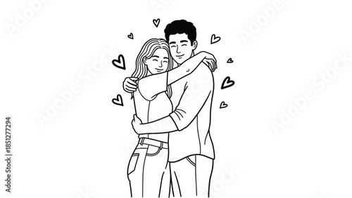 Young couple hugging with hearts coloring page line art vector sketch