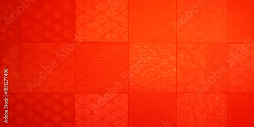 Seamless vector illustration of an abstract red and yellow background featuring a geometric mosaic pattern of colorful checkered squares and vintage orange tiles in a decorative plaid design