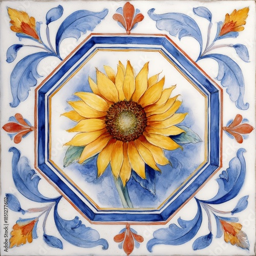 Beautiful sunflower illustration at center, framed by ornate blue and orange floral designs, highlighting artistic details and vibrant colors in a decorative style