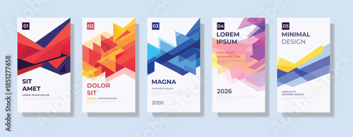 Free Download Modern geometric poster layout set with colorful layered shapes and clean typography space designed for business presentations, creative covers, flyers and minimal graphic design projects - GFXLoad