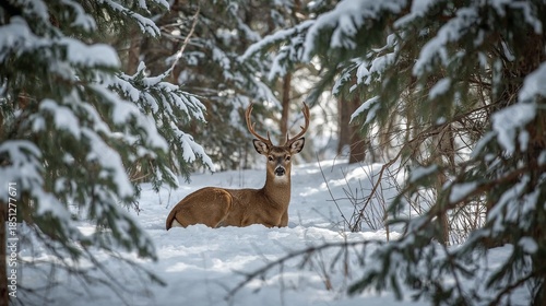 Deer Resting Among Snow Covered Pine Trees In Silent Winter Forest Atmosphere