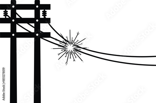 Silhouette of electric utility pole with sparking wire, short circuit on power lines vector illustration, dangerous electrical fault isolated on white background