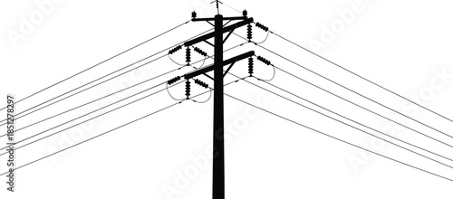 Silhouette of high voltage electricity pylon with wires, black utility pole vector illustration, power transmission line isolated on white background, industrial energy infrastructure concept
