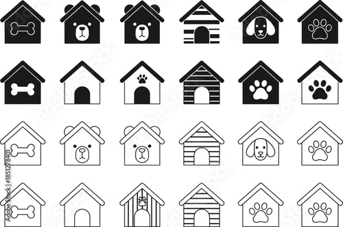 Large collection of doghouse icons in flat and outline styles featuring paw prints bones and dog faces vector.