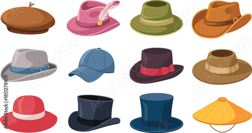 Elegant hat collection featuring pink fedora with feather beret top hats and conical sun hat vector illustration isolated.