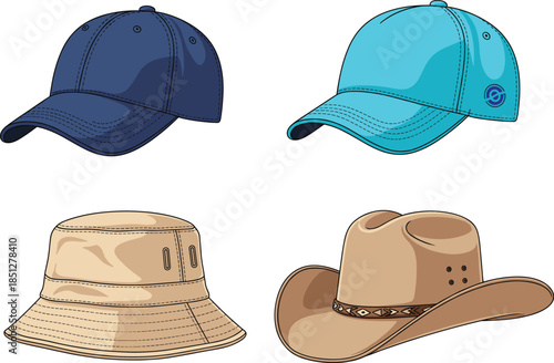 Professional vector illustration set of shaded navy blue baseball cap teal snapback beige bucket hat and tan cowboy hat.