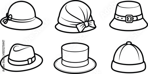 Assorted collection of stylish hat icons featuring newsboy cap pink sun hat green baseball cap and brown fedora vector.