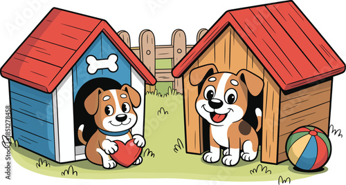 Two cute puppies in front of colorful wooden doghouses with heart and ball vector illustration for pet care.