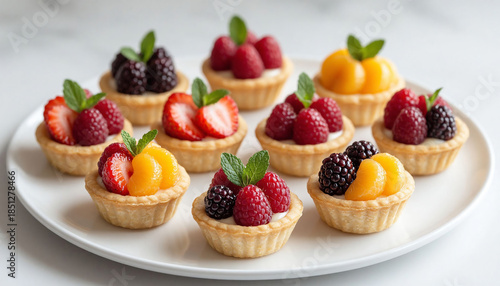 Raspberry, blackberry and apricot tartlets on a white plate