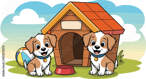 Cute puppies sitting in front of wooden doghouse with ball and food bowl vector illustration outdoor landscape.