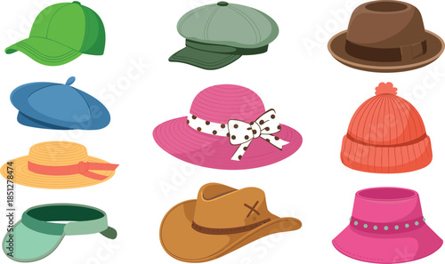 Stylish collection of colorful hat icons featuring cowboy hat beret straw hat and pink sun hat vector illustration isolated.
