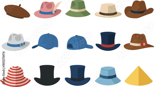 Diverse collection of colorful fashion hat icons featuring fedora beret cowboy hat top hat and sun hat vector.