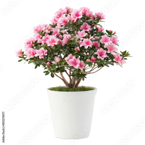 Wallpaper Mural Lush, vibrant pink Azalea flowering shrub with dense green foliage, presented in a smooth, glossy white ceramic pot, stands prominently displaying its full bloom, isolated on transparent background. Torontodigital.ca
