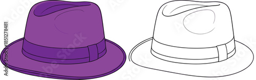 Stylish purple fedora hat illustration with matching black and white line art vector isolated on a white background.